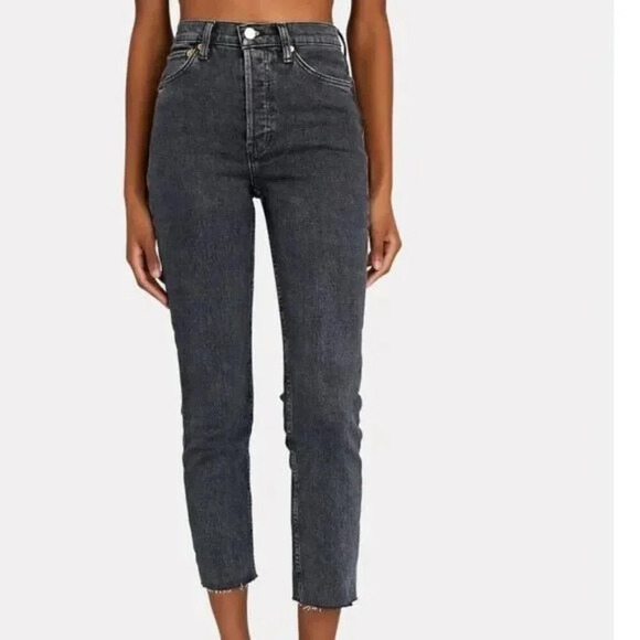 RE/DONE 90s High-Rise Ankle Crop‎ Button Fly Jeans in Faded Coal Black Size 26 - Picture 1 of 10
